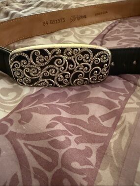 Brighton Black Leather Belt with Ornate Silver-Tone Swirl Buckle